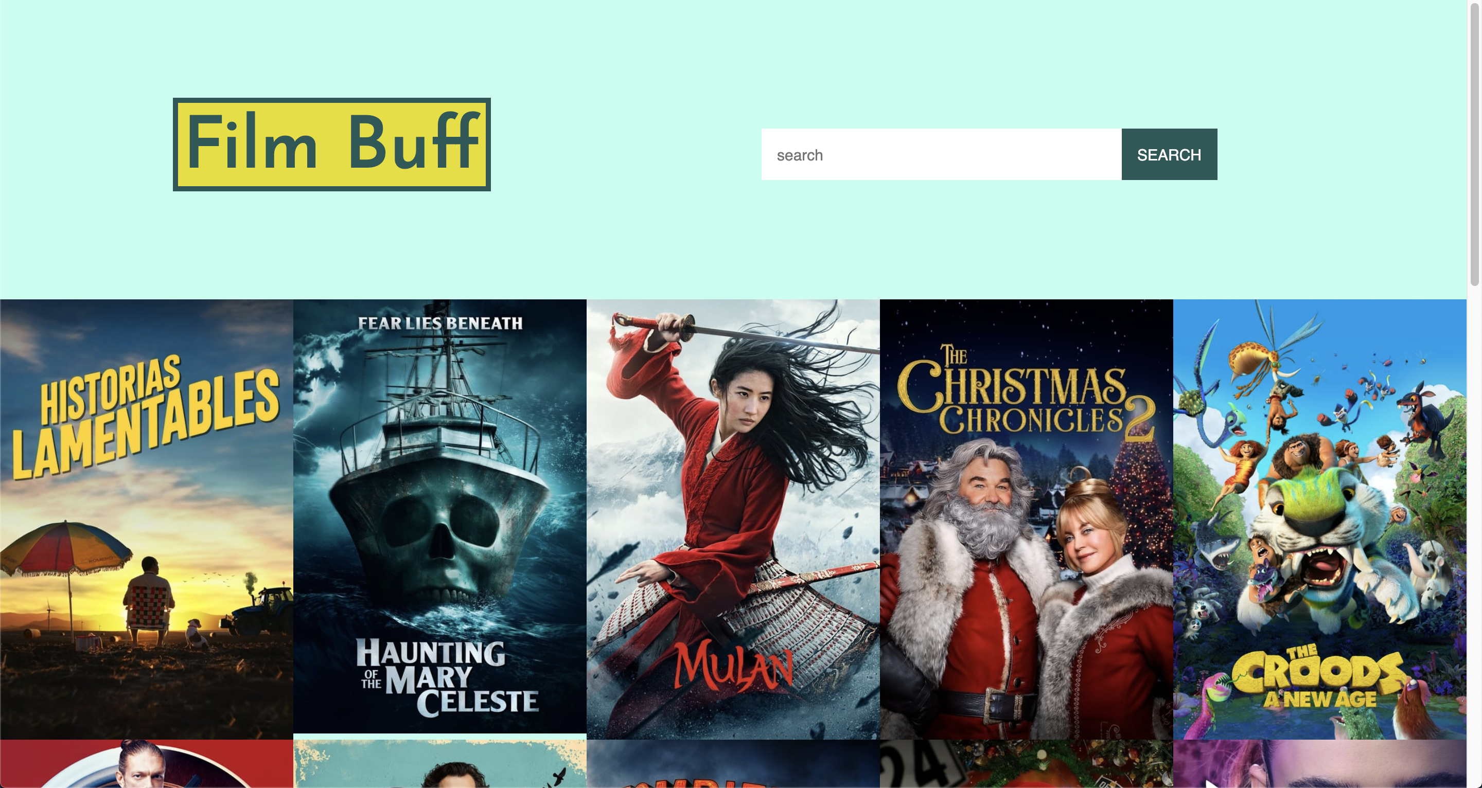 Film Buff website app with movie titles listed on page